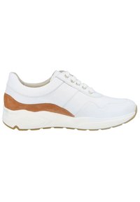 White sneaker with a brown suede accent, featuring a smooth leather upper, lace closure, and textured rubber sole for traction.