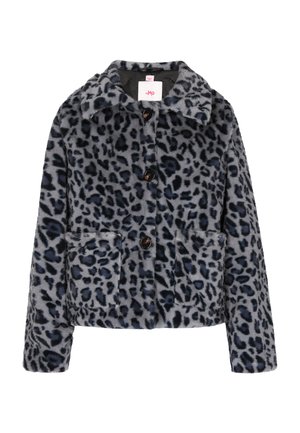 Faux fur jacket in gray with black and blue leopard print. Features a collar, front buttons, and two patch pockets.