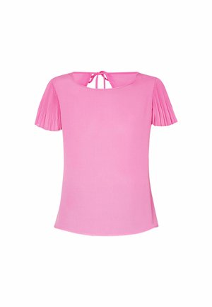 Top rosa a maniche corte con dettagli plissettati sulle maniche, scollatura rotonda e un nodo sul retro per una vestibilità regolabile. Texture liscia.