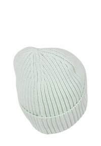 Light green knitted beanie hat with a ribbed texture, rounded top, and folded brim, made from soft fabric.