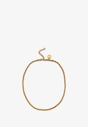 Goldene, gedrehte Kettenhalskette mit einem Verschluss und einer verstellbaren Kette. Sie verfügt über ein kleines dekoratives Beschlagdetail zum Befestigen.