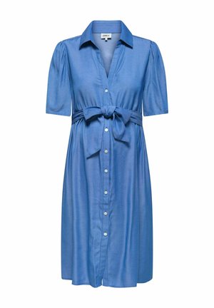 Modré midi šaty s krátkym rukávom, golierom, prednými gombíkmi a opaskom viazaným v páse.