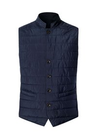 Marineblaue Steppweste mit Stehkragen, fünffachem Knopfverschluss, horizontalem Steppmuster und zwei seitlichen Taschen. Leichtes, synthetisches Material.