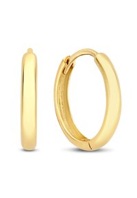 Boucles d'oreilles en or de forme ronde et lisse. Elles possèdent une fermeture à charnière simple et un fini poli et brillant.
