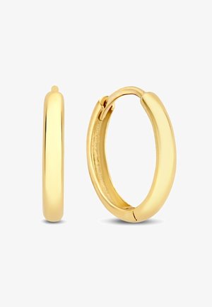 Goldene Creolen mit einem glatten, runden Design. Sie verfügen über einen einfachen Klappverschluss und eine polierte, glänzende Oberfläche.