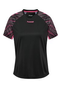 Zwart atletisch T-shirt met korte mouwen, voorzien van een gestreept roze en zwart ontwerp op de schouders, en een ronde halslijn. Hummel-logo in het roze.
