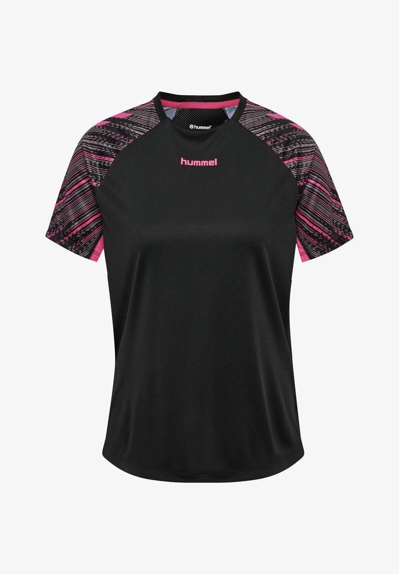 Svart atletisk t-shirt med korta ärmar, med en mönstrad rosa och svart design på axlarna, och rund halsringning. Hummel-logotyp i rosa.