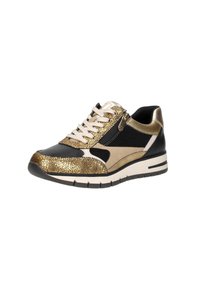 Zwarte en gouden sneaker met gestructureerde metalen accenten, een ritssluiting en contrasterende crèmekleurige veters. Inclusief een gevoerde zool en een slank ontwerp.