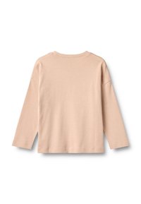 Helles rosa Langarmshirt mit Rundhalsausschnitt, aus weichem Stoff gefertigt, mit flachen Nähten und lockerer Passform. Rückansicht dargestellt.