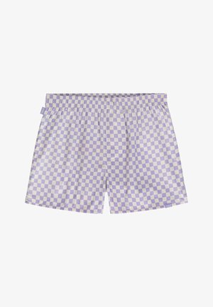 Boxers à carreaux violets et crème en tissu doux, avec une taille élastique et une petite étiquette sur le côté. Pas de poches.