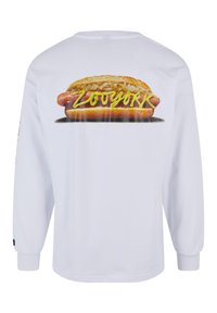 Long-sleeve white T-shirt featuring a detailed graphic of a hotdog with mustard and sauerkraut, with "ZOYORK" in vibrant yellow.