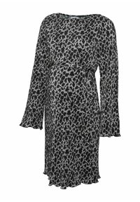 Črna in siva obleka s potiskom z dolgimi zvonastimi rokavi, z vezanjem v pasu in valovitim robom. Narejena iz lahke teksturirane tkanine.