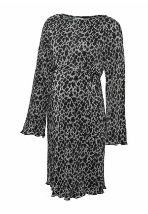 Czarna i szara sukienka w wzory z długimi dzwonowymi rękawami, wiązaniem w talii i falbaniastym dołem. Wykonana z lekkiej teksturowanej tkaniny.