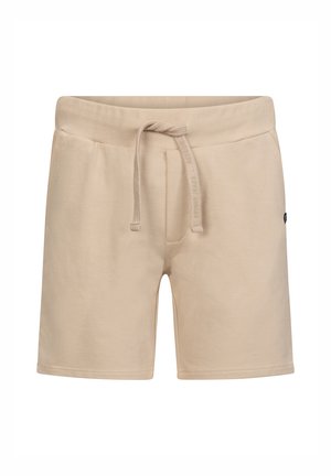 Shorts beige en tissu doux, avec une taille élastique et un cordon de serrage, et un petit logo sur le côté. Texture lisse, longueur au genou.