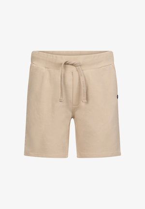 Beige shorts made from soft fabric, featuring an elastic waistband with a drawstring and a small logo on the side. Smooth texture, knee-length.