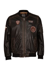 Dunkelbraune Leder-Bomberjacke mit Reißverschluss vorne, geripptem Kragen und Bündchen sowie Aufnähern, darunter "Flying Crew" und "Protection Fearless 84".