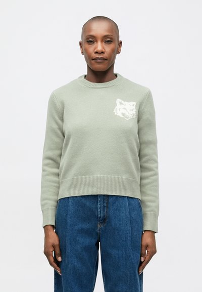 Pull en tricot vert clair avec un col rond et des poignets côtelés, présentant un graphique de renard blanc sur le côté gauche de la poitrine. Porté avec un pantalon taille haute bleu.