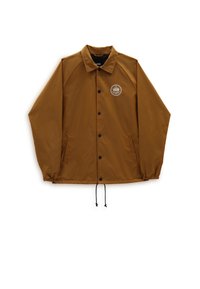 Brown, lightweight jacket with a snap button closure, two side pockets, elastic cuffs, and an embroidered logo on the left chest.