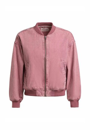 Dusty pink bomber jacket with ribbed collar, cuffs, and hem, front zipper closure, and side pockets.