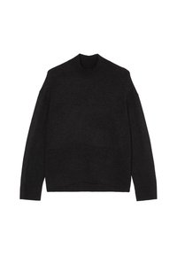 Pull-over pour hommes en gris foncé. Confectionné en tissu tricoté doux. Doté d'un col montant et d'épaules légèrement tombantes.