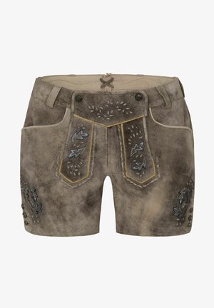 Brown suede shorts with embroidered leaf patterns, accented stitching, and metal buttons. Features two side pockets and a textured finish.