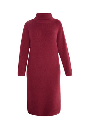 Rochie tricotată într-o nuanță profundă de burgund cu guler înalt, mâneci lungi și o textură cu nervuri. Designul prezintă o siluetă dreaptă și lungime până la jumătatea gambei.