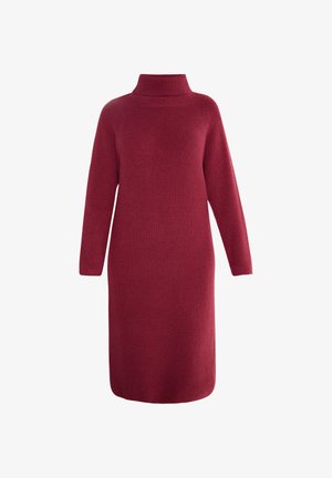 Kötött ruha mély bordó színben, magas gallérral, hosszú ujjak és bordázott textúra jellemzi. A design egyenes szabást és középmagas hosszt vonultat fel.