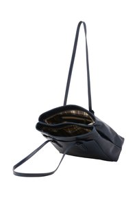 Borsa a tote in pelle blu navy con due scomparti, dotata di fodera in tessuto a quadri e un'unica tracolla regolabile. Texture liscia, design minimalista.