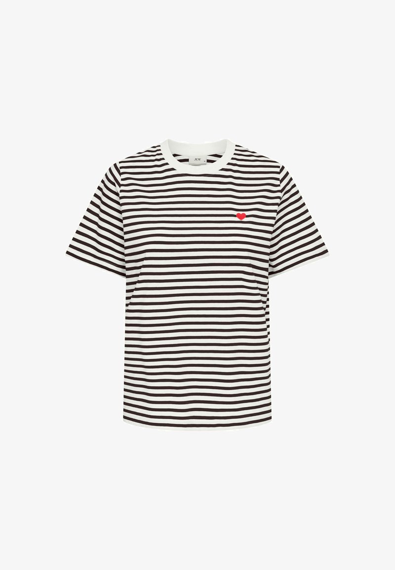 Κοντομάνικο T-shirt με οριζόντιες άσπρες και μαύρες ρίγες και μικρή κόκκινη καρδιά κεντημένη στο αριστερό μέρος του στήθους.