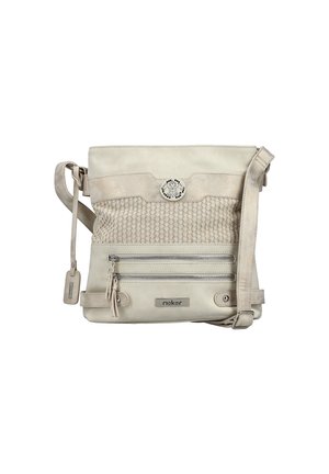 Beige crossbody bag made of textured fabric and smooth synthetic material. Features two zippered pockets, adjustable strap, and decorative button.