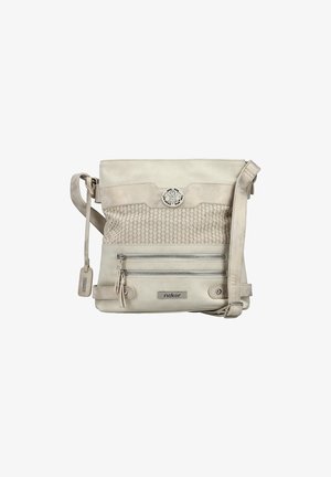 Beige Umhängetasche aus strukturiertem Stoff und glattem synthetischem Material. Verfügt über zwei Reißverschlussfächer, einen verstellbaren Riemen und einen dekorativen Knopf.