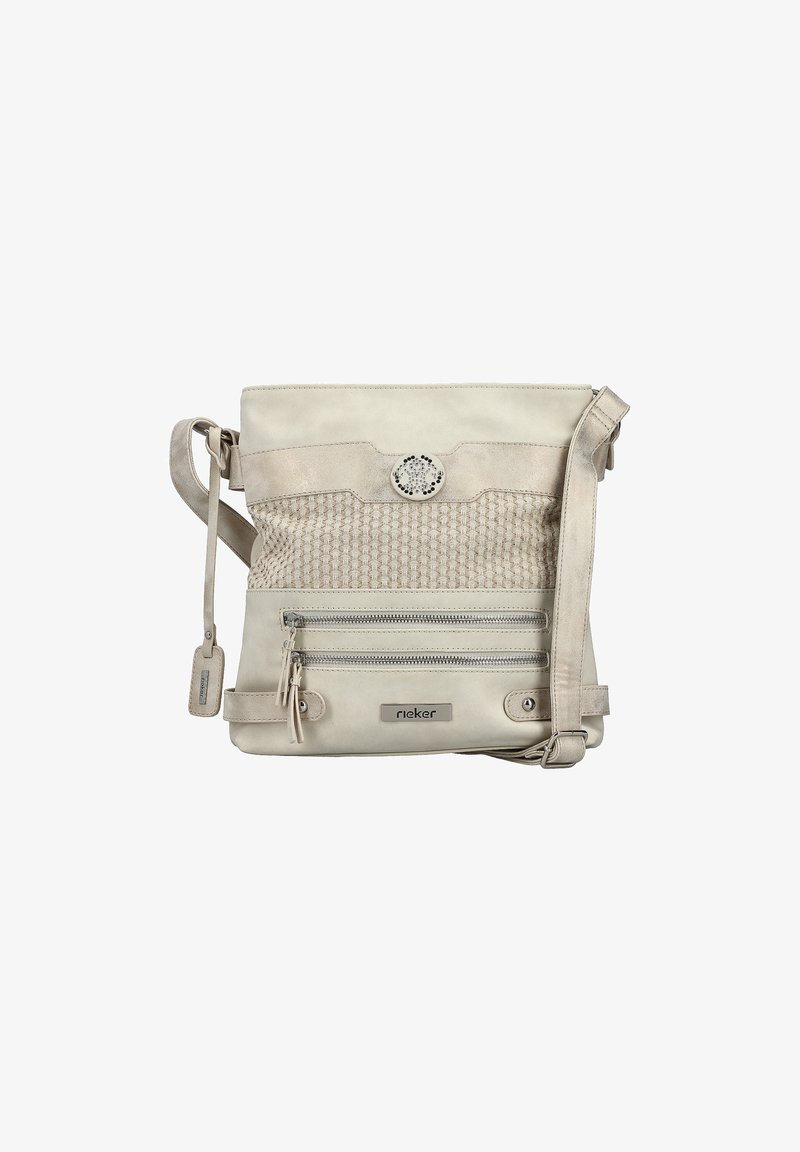 Beige Umhängetasche aus strukturiertem Stoff und glattem synthetischem Material. Verfügt über zwei Reißverschlussfächer, einen verstellbaren Riemen und einen dekorativen Knopf.