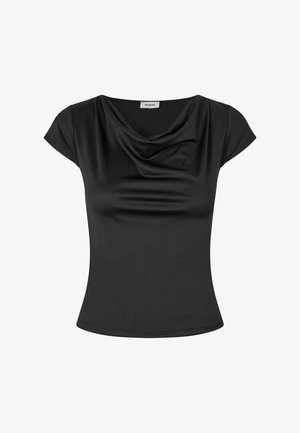 Top negru mulat cu mâneci scurte, cu guler drapat și stofă netedă, cu etichetă Modström pe la baza gâtului, în spate.