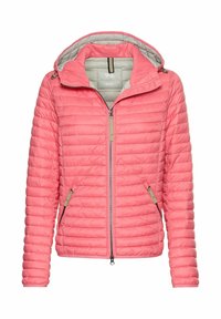Rosa gepolsterte Jacke mit Kapuze, grauem Futter, Reißverschluss vorne und seitlichen Taschen mit minimalistischen Hardware-Akzenten.