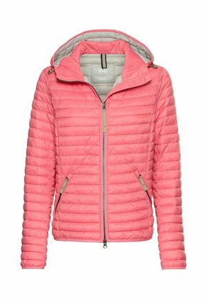 Rosa gepolsterte Jacke mit Kapuze, grauem Futter, Reißverschluss vorne und seitlichen Taschen mit minimalistischen Hardware-Akzenten.