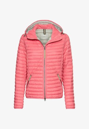 Rosa gepolsterte Jacke mit Kapuze, grauem Futter, Reißverschluss vorne und seitlichen Taschen mit minimalistischen Hardware-Akzenten.