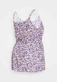 Vestido com estampa floral em tecido leve, apresentando flores roxas e pêssego sobre um fundo branco. Alças finas e um design ajustado na cintura.