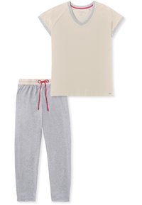 Set includes a light beige, ribbed short-sleeve V-neck top and gray tapered pants with an elastic waistband and pink drawstring.
