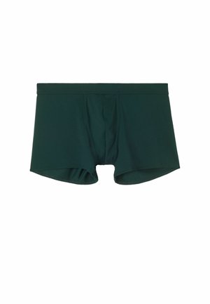 Dark green boxer briefs made of smooth fabric with a fitted design and a reinforced front pouch. Seamless edges for comfort.