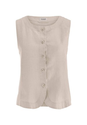 Mouwloos beige linnen vest met ronde halslijn en vijf knopen aan de voorkant, licht afgeronde zoom en zichtbaar merkembleem aan de binnenkant van de kraag.