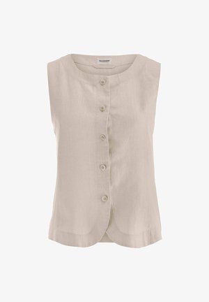 Ärmellose beige Leinenweste mit rundem Ausschnitt und fünf Knöpfen vorne, leicht abgerundetem Saum und sichtbarem Markenlabel innen am Kragen.