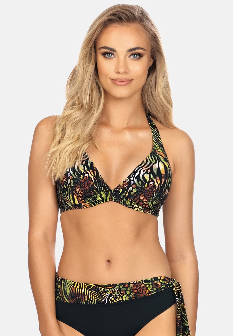 Zestaw bikini z halterem w intensywnym wzorze dżungli, czarnymi akcentami i dołem wiązanym z boku. Wykonany z gładkiego, elastycznego materiału.