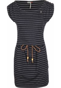 Navy blue striped dress with short sleeves, scoop neckline, drawstring waist, and two side pockets. Features tan accents and buttons.
