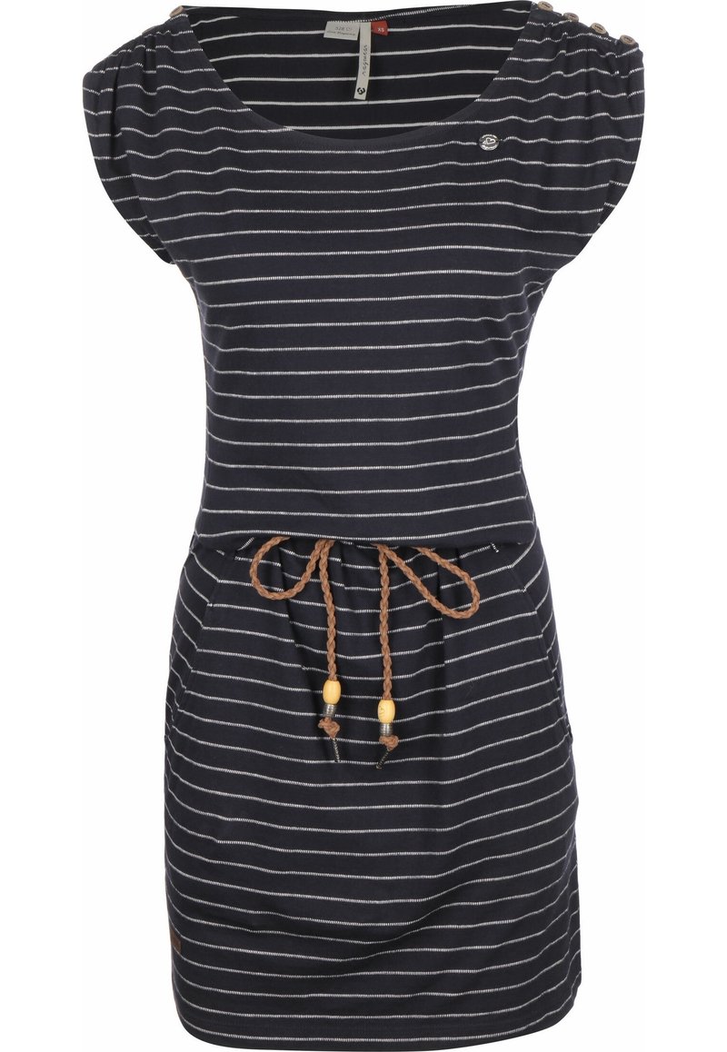 Navy blue striped dress with short sleeves, scoop neckline, drawstring waist, and two side pockets. Features tan accents and buttons.