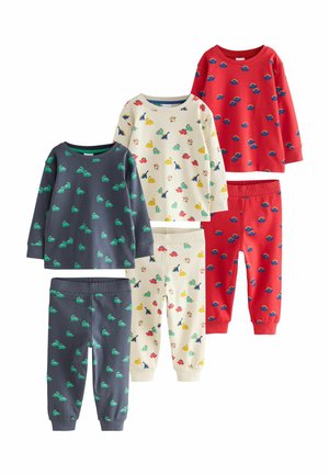 Set of children's pajamas in soft cotton. Features dinosaur patterns on navy, cream, and red backgrounds; includes long sleeves and pants.