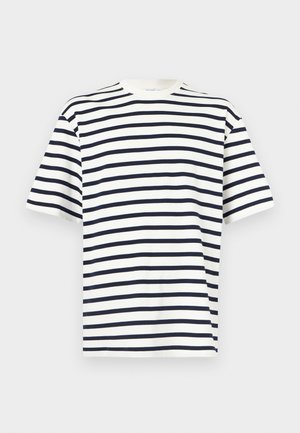 T-shirt blanc à manches courtes avec rayures horizontales noires, col rond et coupe régulière sur un fond clair uni.