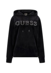 Sweat à capuche en velours noir avec une poche kangourou, des cordons de serrage ajustables et un logo 'GUESS' en strass argentés sur le devant. Manches longues.