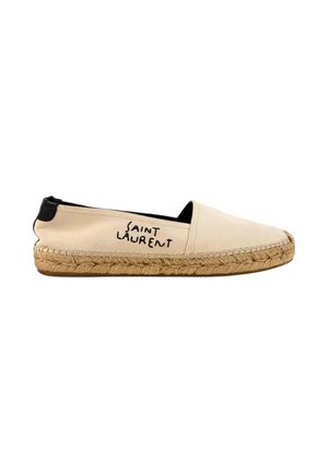 Beige canvas espadrille met gestikte touwzool en zwarte bies, met zwarte tekst ""Saint Laurent"" aan de zijkant.