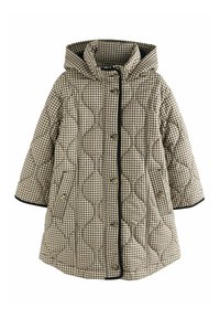 Manteau à capuche matelassé en beige et marron à carreaux, avec une fermeture à boutons, des poches latérales et des détails en noir.