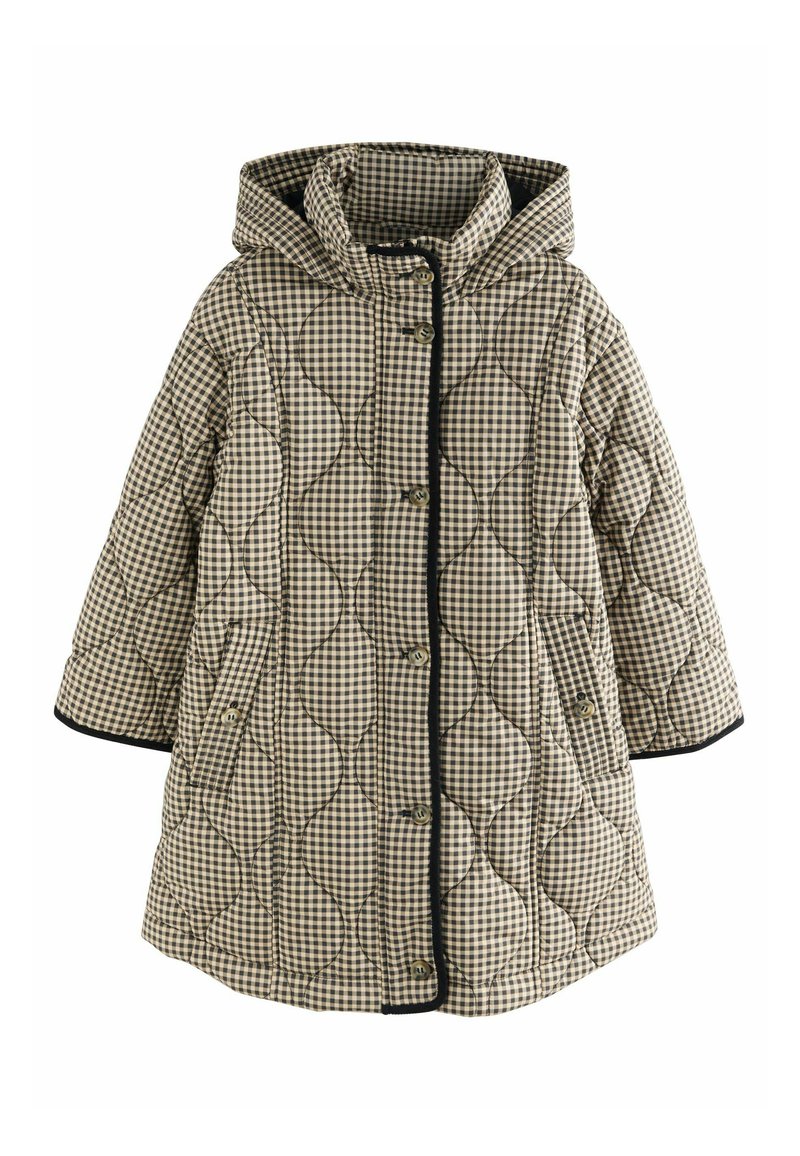 Manteau à capuche matelassé en beige et marron à carreaux, avec une fermeture à boutons, des poches latérales et des détails en noir.